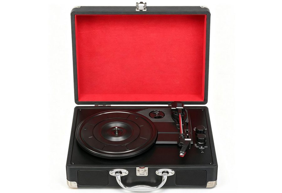 LALAHO Koffer‑Plattenspieler Retro, integrierte Stereo‑Lautsprecher Plattenspieler (mit Bluetooth, 3 Geschwindigkeiten, integrierte Lautsprecher)