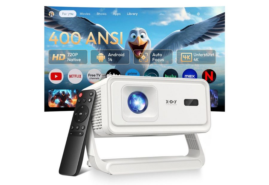 XGODY Gimbal A1 Smart Projektor – Android 14, WLAN 6, BT 5.4, Autofokus LCD-Beamer (400 lm, 10000:1, 3840 x 2160(400 ANSI Lumen) px, Auto-Trapezkorrektur, Tragbarer 8K-Filmprojektor)