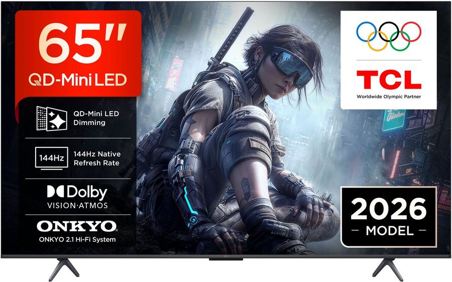 TCL 65T8DXB Mini-LED-Fernseher (164 cm/65 Zoll, 4K Ultra HD, Smart-TV, Google TV, QD-Mini LED, AiPQ Pro Prozessor, 144Hz, Dolby Atmos, Apple AirPlay 2)