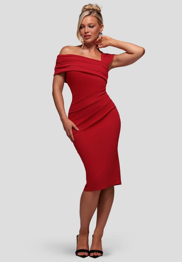 Goddiva Midikleid Scuba Crepe Pleated Drop Shoulder Midi Dress Knielang, Bodycon, Plissee-Details