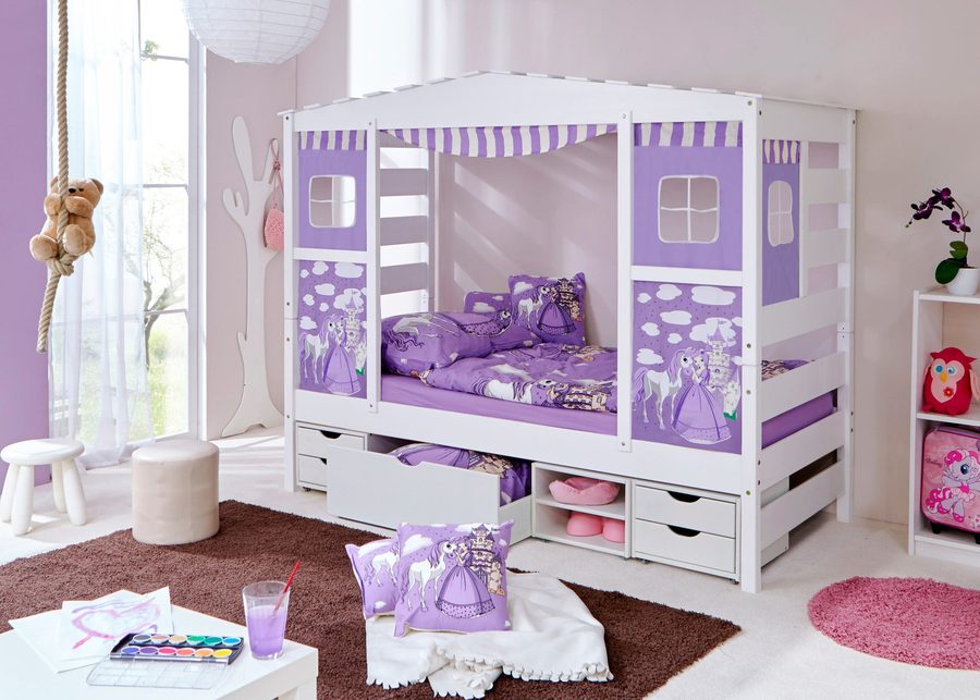 Ticaa Hausbett mit Bettkasten "Horse Lila" Kiefer Weiß von TICAA