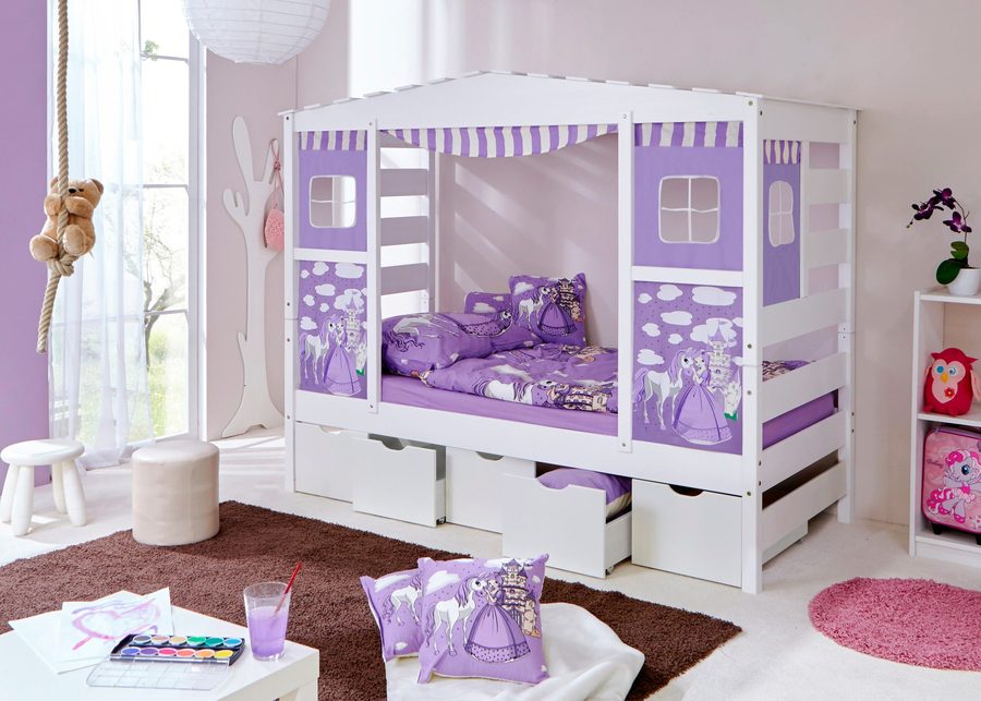 Ticaa Hausbett mit Bettkasten "Horse Lila" Kiefer Weiß von TICAA