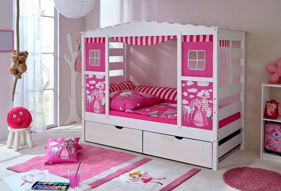 Ticaa Hausbett mit Bettkasten "Horse Rosa" Kiefer Weiß von TICAA