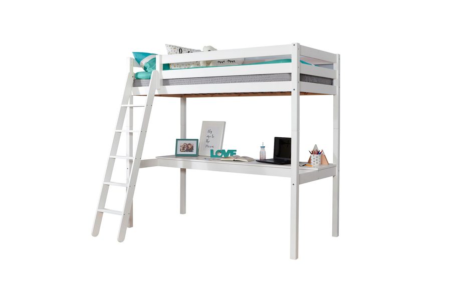 Ticaa Hochbett „Felix“ mit Schreibtisch Kiefer massiv Weiß von TICAA