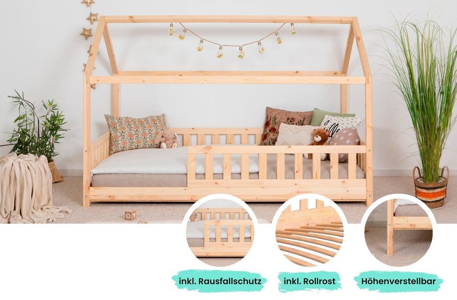 Ticaa Kinderbett Hausbett "Kay" 100x200 Kiefer natur von TICAA