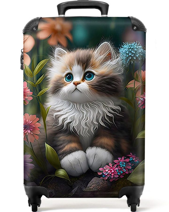 NoBoringSuitcases.com© Kinderkoffer Kätzchen - Illustration - Blumen - Natur - Katze 55x35x20cm, Reisetasche mit Rollen, Koffer Handgepäck Flugzeug