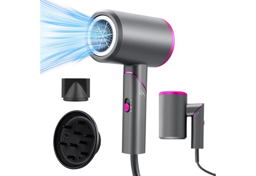HS Onsing Haartrockner Negativ-Ionen Haartrockner leise Haarföhn 3 Heiz Klappföhn Reiseföhn, 1800 W, mit 2 magnetischen Stylingdüsen 2 Geschwindigkeiten Anti-Frizz klein von HS Onsing