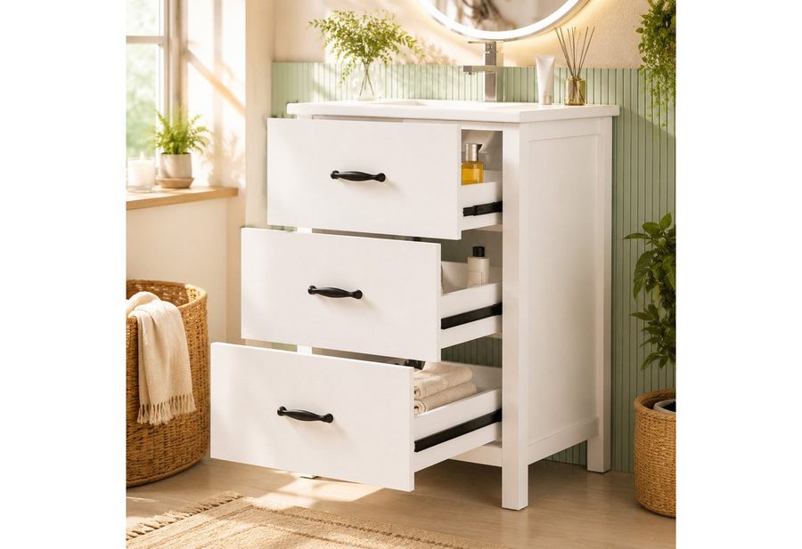 Flieks Waschtisch mit 3 Schubladen, Waschbeckenunterschrank inkl. Keramik-Waschbecken (61,3x46,5x82,5 cm, 1-St), freistehend Badezimmerschrank mit Keramikbecken Badmöbel Weiß von Flieks