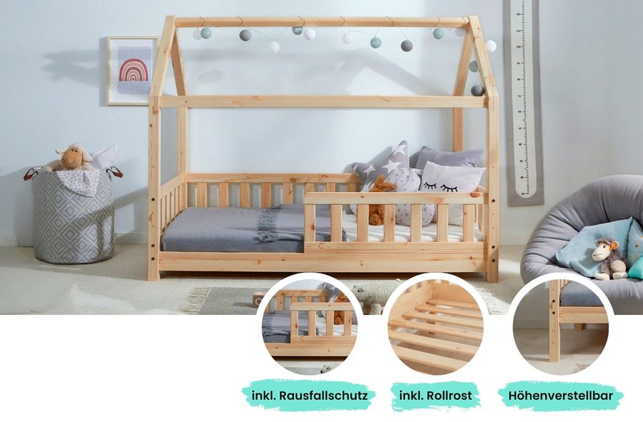 Ticaa Kinderbett Hausbett "Kay" 80x160 Kiefer natur von TICAA