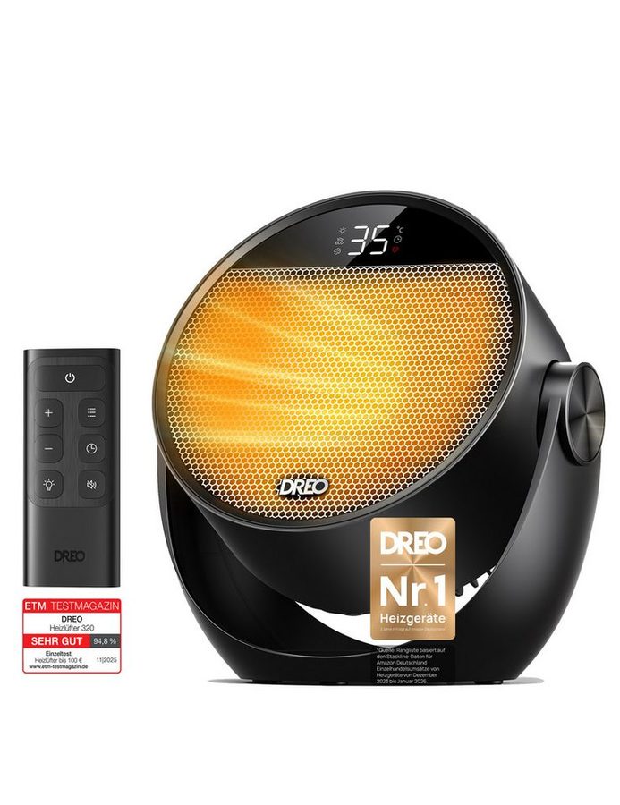 Dreo Heizlüfter Energiesparend, 1500W PTC-Keramik, Fernbedienung, Klein,12-Std-Timer, Leise, Thermostat, 60° neigbar, 8 Sicherheitsfunktionen, 3 Modi