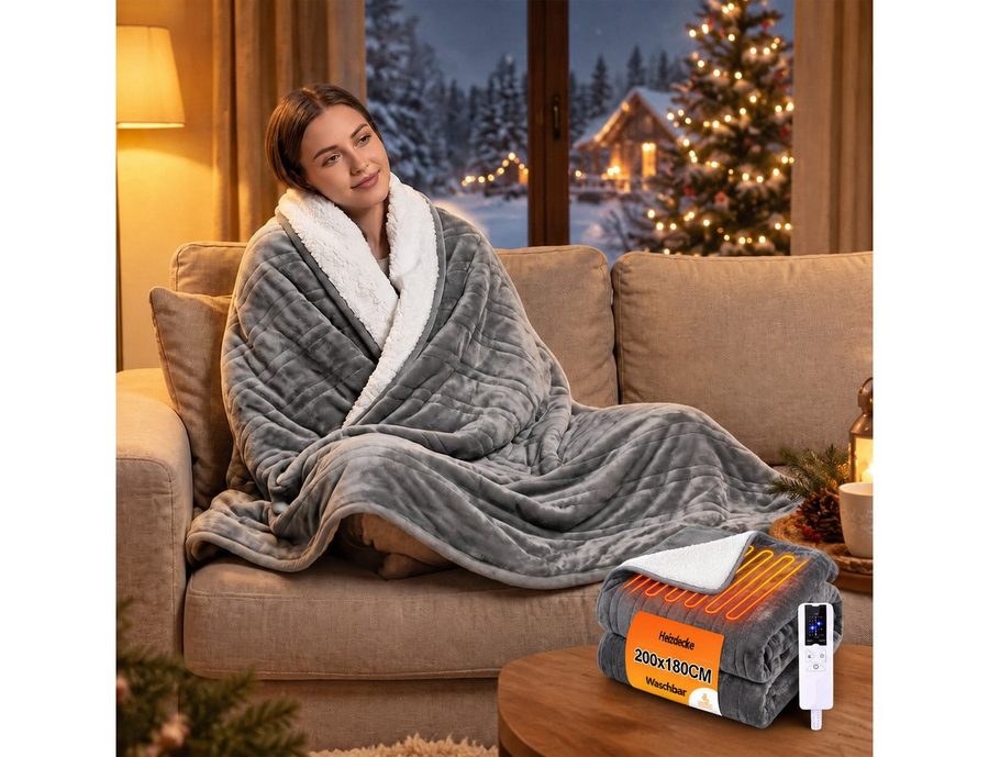 Nettlife Heizdecke elektrisch wärmedecke,mit Überhitzungsschutz & 6-Stufen-Heizung, für Bett Sofa Büro,180x130 & 200x180 cm, 6-Stufen Heizung & Zeitschaltuhr Einfache Reinigung (30°C)