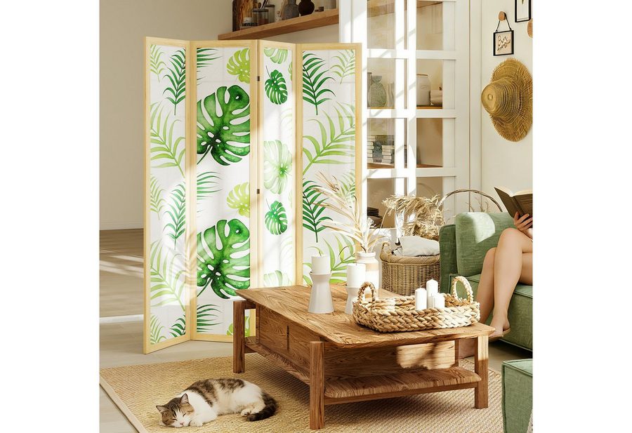 HOMCOM Paravent Sichtschutz aus Kiefernholz Trennwand mit Palmenblatt-Design (Tragbarer Sichtschutz, 1 St., 4-teilig Raumteiler), für Wohnzimmer, Arbeitszimmer, Naturholz+Grün