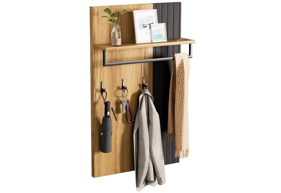 Yorbay Wandgarderobe Garderobenpaneel mit Haken und Ablage, optional mit Schuhbank (60 x 16.5 x 100 cm), Holzoptik Schwarz für Flur