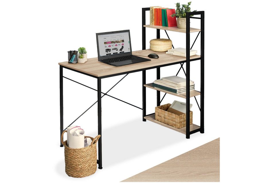 tectake Schreibtisch Computertisch, höhenverstellbare Kunststofffüße, 122 x 61 x 120 cm (Arbeitstisch Hershey, 1-St., in Industrial Holz hell, Eiche Sonoma), Holz und Stahl, integriertes Regal mit 3 Ablagefächern