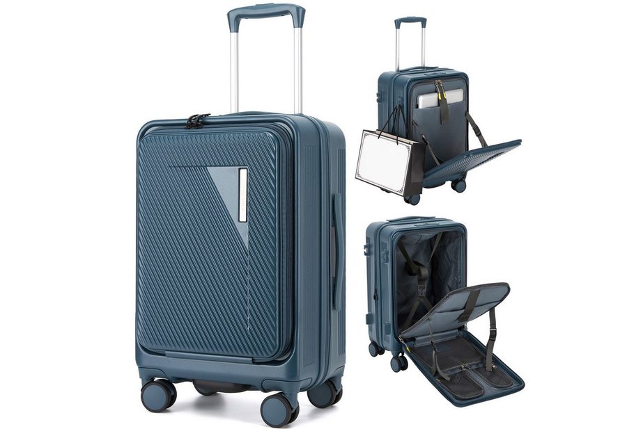 Super Solu Handgepäck-Trolley Hartschalenkoffer 55cm PC erweiterbar mit Frontöffnung & Laptopfach, 4 Rollen, Reisekoffer mit TSA-Schloss & 4 x 360° Doppelrollen, Blau