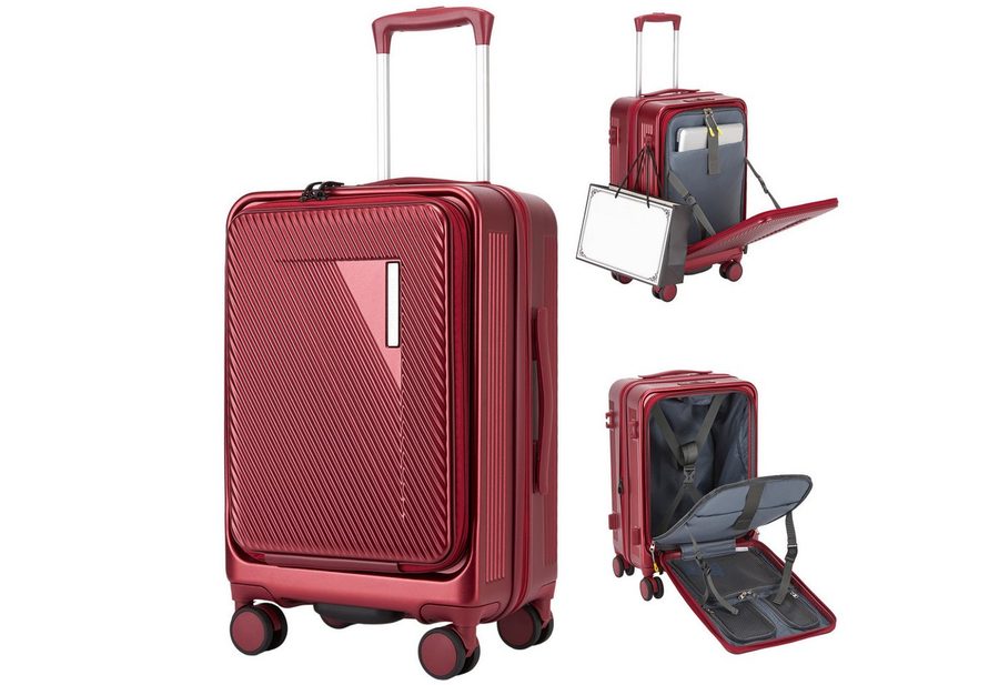 Super Solu Handgepäck-Trolley Hartschalenkoffer 55cm PC erweiterbar mit Frontöffnung & Laptopfach, 4 Rollen, Reisekoffer mit TSA-Schloss & 4 x 360° Doppelrollen, Rot