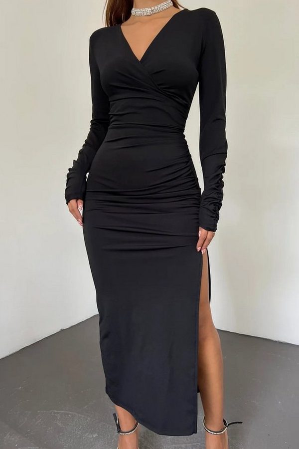 WOMAN VISION Midikleid Wickelkleid mit Schlitz und langen Ärmeln