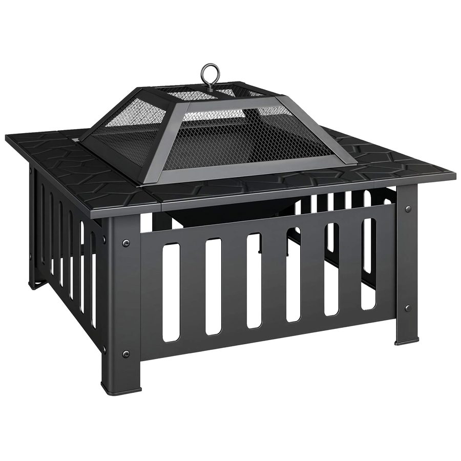 Outsunny Feuerschale 67x67x47cm aus Stahl Feuerstelle mit Funkenschutz Schürhaken Feuerschalen Feuerkorb für Garten, Balkon Terrasse, Outdoor BBQ Camping Schwarz   Aosom von Outsunny