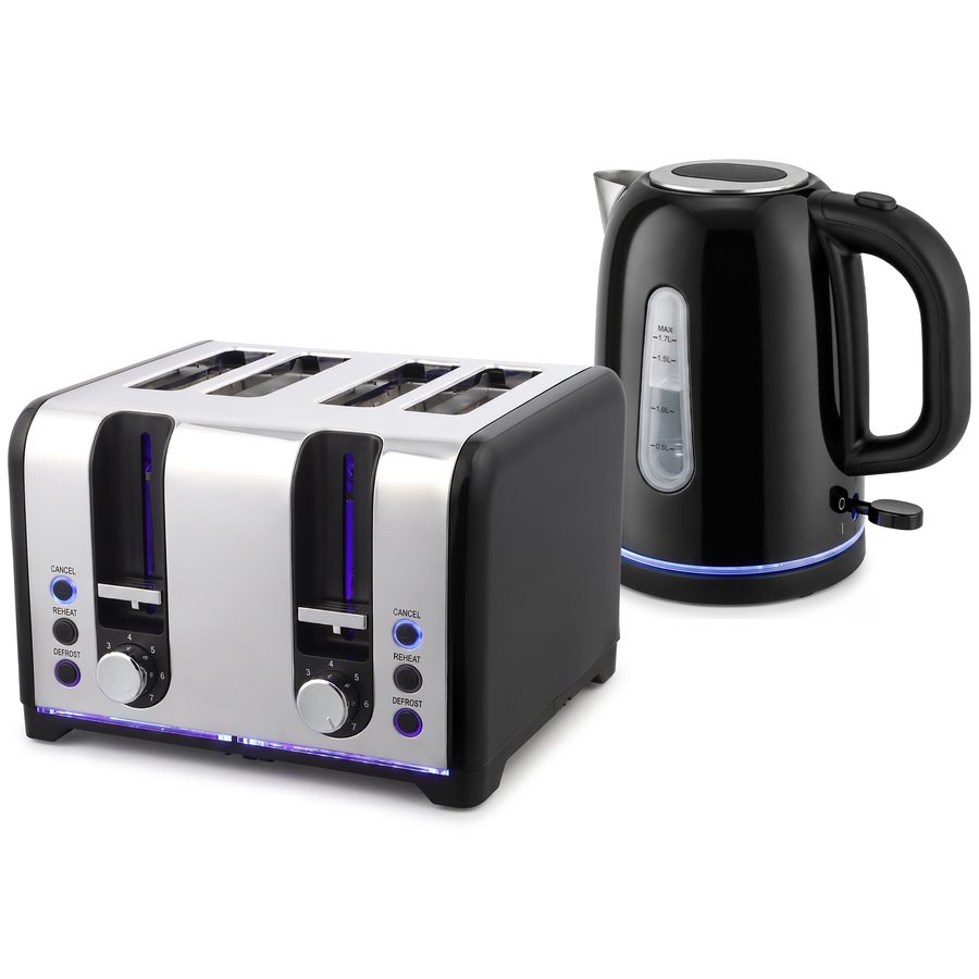 HOMCOM Wasserkocher und Toaster Set 1,7L 2200W Beleuchteter Schnellkoch-Wasserkocher Edelstahl mit Automatische Abschaltung Kalkfilter, 4-Scheiben Toaster mit 7 Bräunungsstufen & Brotheber, Schwarz   Aosom