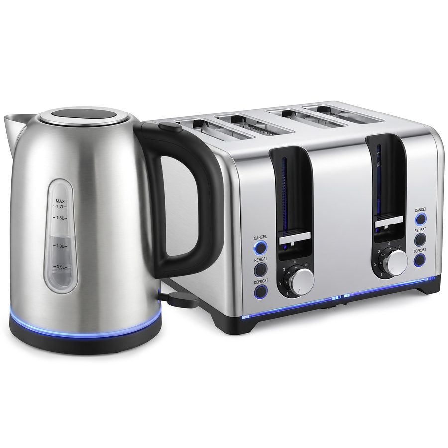 HOMCOM Wasserkocher und Toaster Set 1,7L 2200W Beleuchteter Schnellkoch-Wasserkocher Edelstahl mit Automatische Abschaltung Kalkfilter, 4-Scheiben Toaster mit 7 Bräunungsstufen & Brotheber, Silber   Aosom