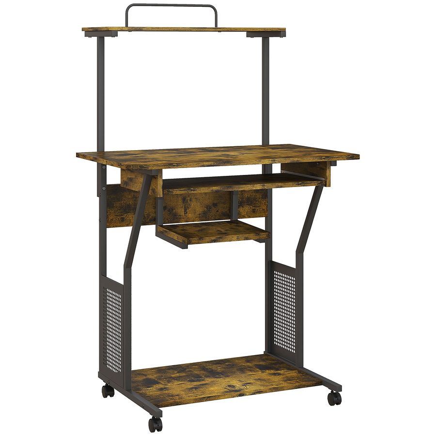 HOMCOM Computertisch mit Stauraum, rollbar, Regale und Tastaturauszug, Computertisch auf Rollen, 80 x 50 x 130 cm, rustikales Braun   Aosom