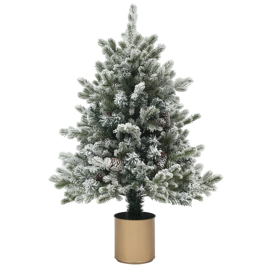 HOMCOM Künstlicher Weihnachtsbaum, 100 cm Christbaum mit 130 Spitzen, Kunstschnee, Blumentöpfe, flammenhemmend, für Weihnachten Deko, Grün+Gold   Aosom