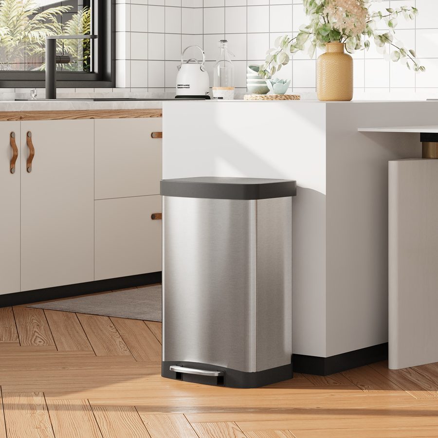 WLIVE 55L Küchentreteimer, Softclose-Deckel und Müllsack-Klemmring, geruchsdichte Konstruktion, verwendbar in Küche, Büro und Schlafzimmer, silber