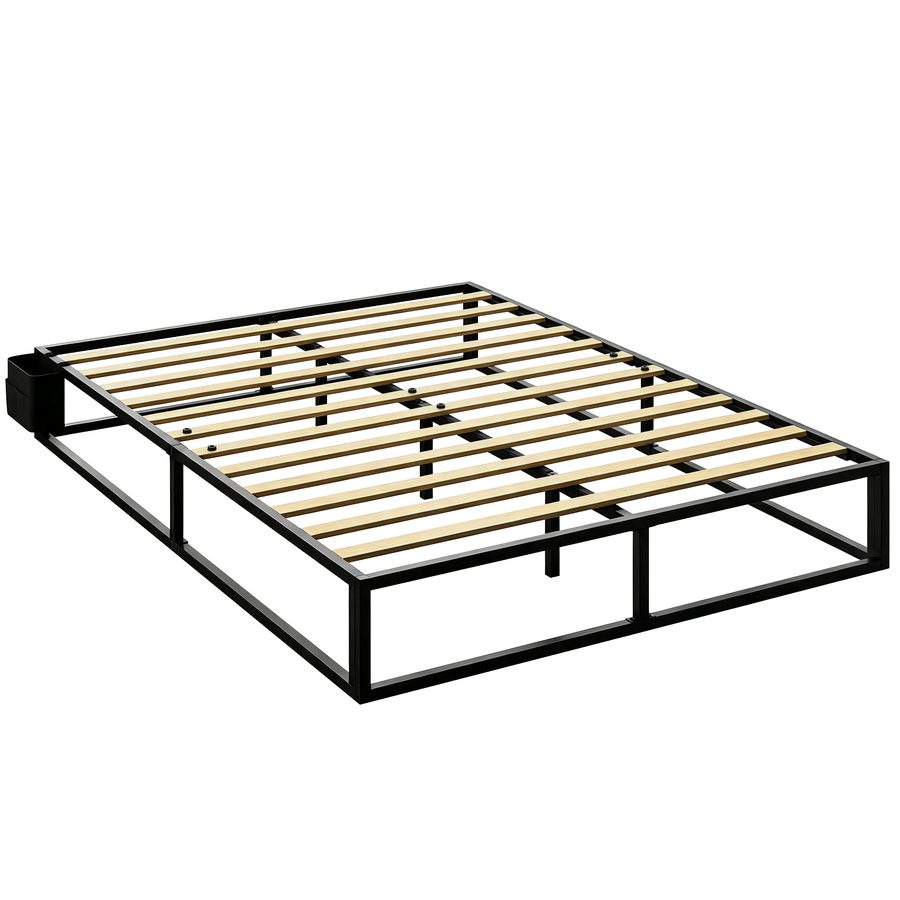 HOMCOM Bettgestell 140 x 190 cm mit Lattenrost, Doppelbett mit Aufbewahrungstasche, Holzlatten, robuster Metallrahmen, geräuscharm, für Schlafzimmer, Schwarz   Aosom