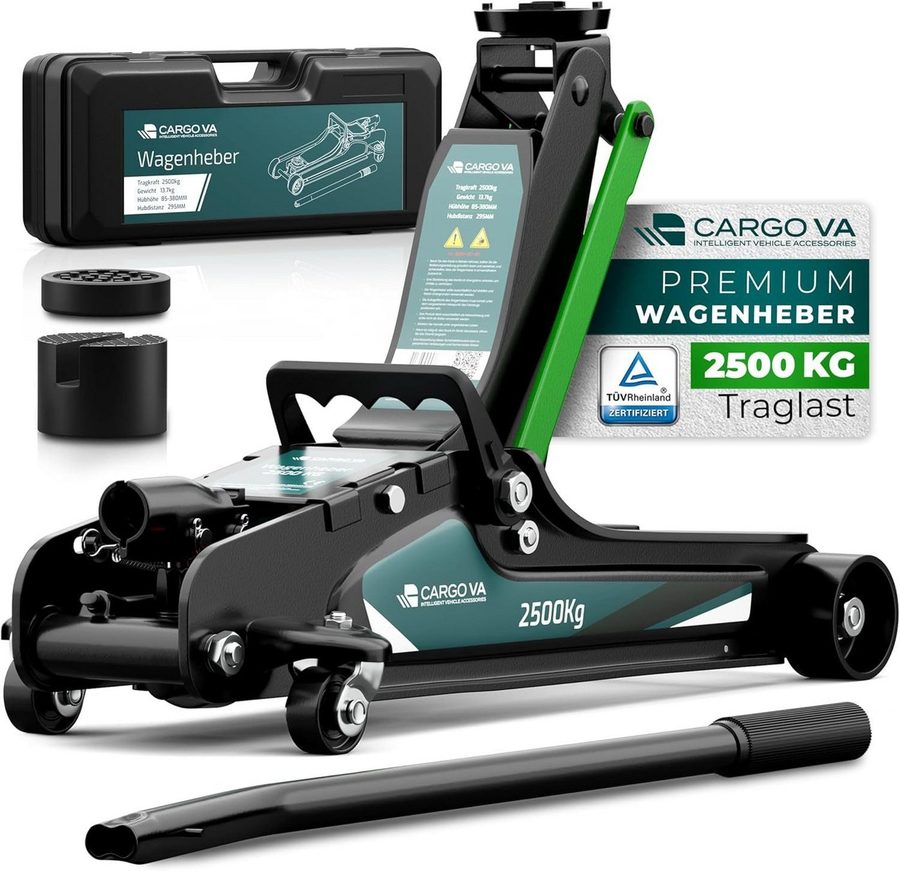 CargoVA® Rangierwagenheber Hydraulischer Wagenheber 2,5T inkl. 2 Gummiauflagen, TÜV zertifiziert, max. Hubhöhe: 38 cm, Wagenheber-Set, Wagenheber-Set inkl. Gummiauflagen, bis 2,5t, TÜV & GS geprüft