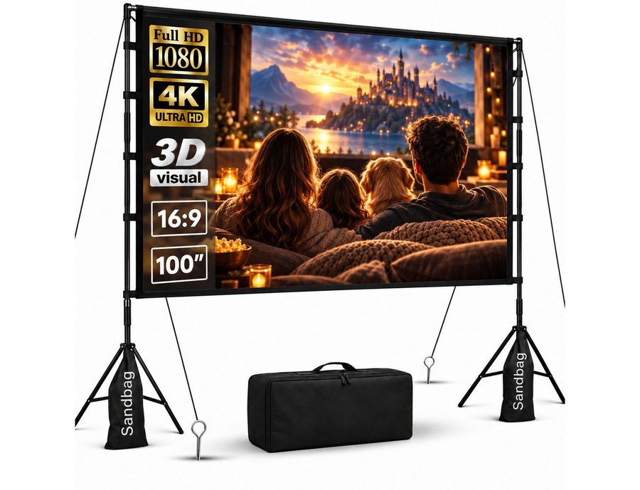 LEMLIT Beamer Leinwand 100/120 Zoll mit Stativ, Outdoor Projektorleinwand Stativleinwand (16:9 4K HD Faltbare leinwand Beamer mit Tragetasch für Heimkino)