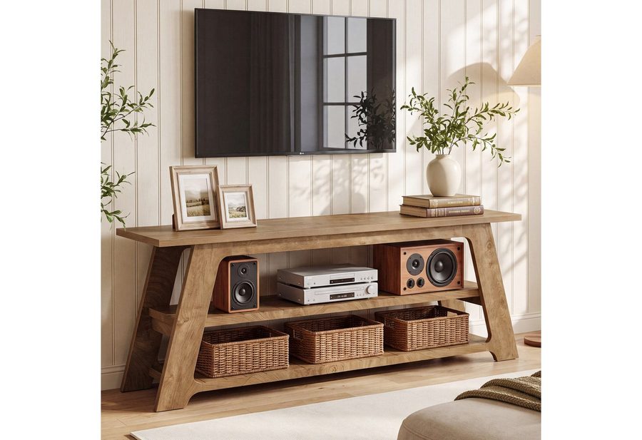 Tribesigns TV-Ständer 160cm TV-Konsole im Landhausstil, Konsolentisch mit 3 offenem Stauraum, (Fernsehkonsole mit stabilem, breitem A-Rahmen, MDF-Entertainment-Center für Fernseher von 55 bis 75 Zoll)