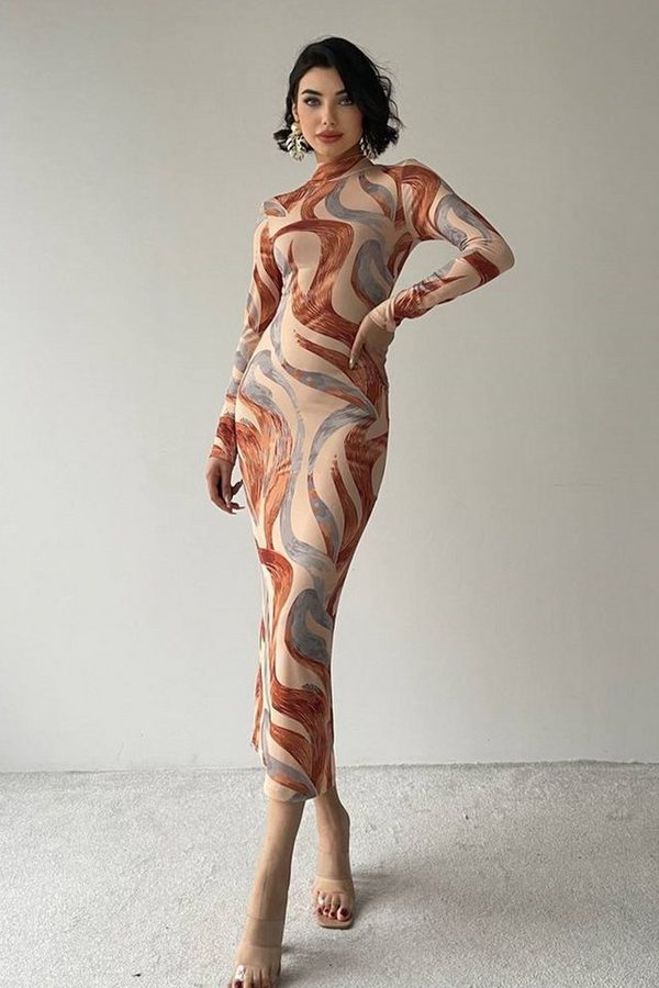 WOMAN VISION Abendkleid Midikleid mit geometrischem Muster und Digitaldruck, hohem Kragen