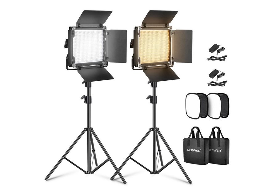 Neewer Videoleuchte NL660 2 Stück 660 LEDs Videolicht, Dimmbar, Höhenverstellbar 66-190 cm, mit Stativ/Diffusor, Bi Farbe, Dauerlicht mit Barndoor für Studio
