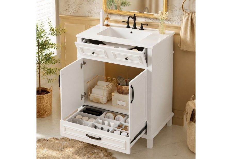 Flieks Waschtisch freistehender Waschbeckenunterschrank mit Waschbecken, Volllackierung (77x46x86 cm, 1-St., Massivholzbeine, Schublade mit 9 Fächern, Tür mit Soft-Close-Funktion), Badmöbel Badezimmerschrank mit Doppeltüren, Klappen & Schubladen Weiß von Flieks