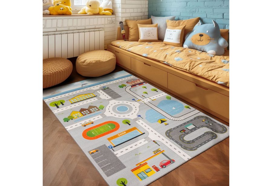 SIMPEX24 Teppich Spielstraße Design, Rechteckig, Höhe: 7 mm, Kinderteppich Straßenteppich Teppich Kinderzimmer Rutschfest Waschbar