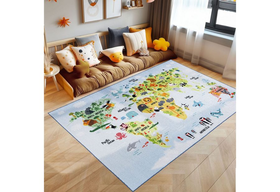 SIMPEX24 Teppich Weltkarte mit Tier Design, Rechteckig, Höhe: 7 mm, Kinderteppich Weltkarte mit Tierdesign Teppich Kinderzimmer Rutschfest