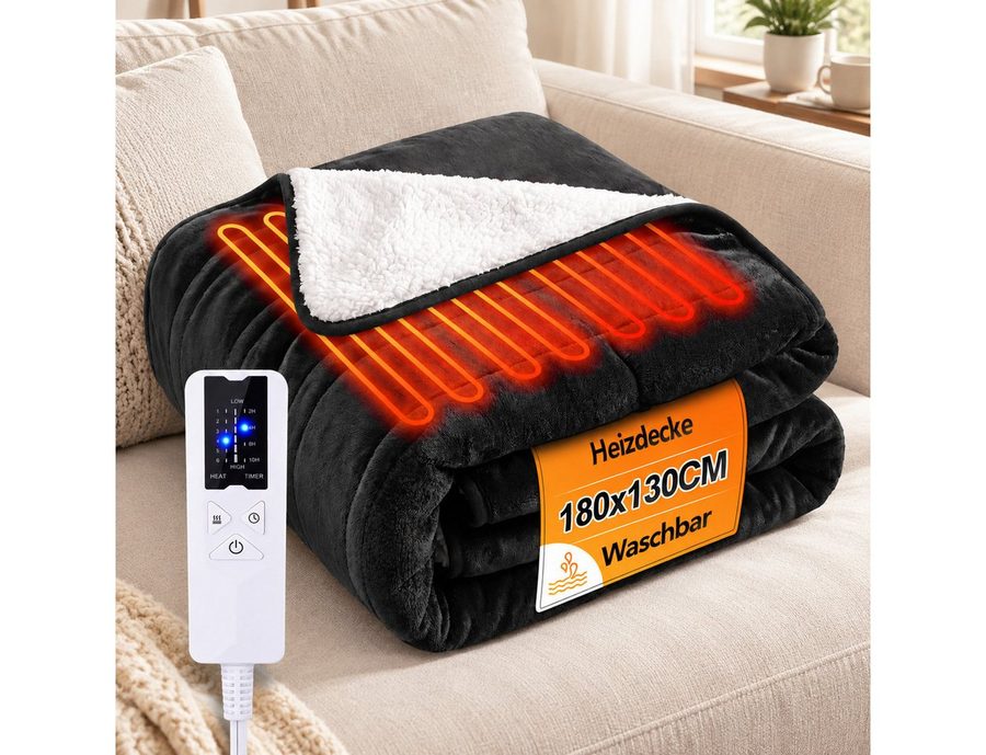 Nettlife Heizdecke Elektrisch mit 6 Heizstufen & Timer,Waschbare,Schwarz, für Bett, Sofa & Camping( 200x180 cm/180x130cm) , mit Überhitzungsschutz,Einfache Reinigung