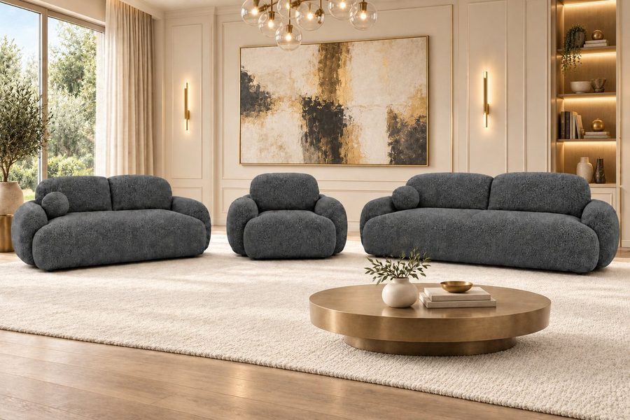 M-Punkt24 Sofa Sofa - Set VERONA 3-2-1 mit Bettfunktion BUBBLE SOFA, Set, Anthrazit Grau, mit Bettfunktion, BOUCLE, Edel, Luxus, Glamour, Hohe Qualität, Made in Europe, mit Federkern, HR-Schaum, dicke HR-Schaum-Polsterung von M-Punkt24