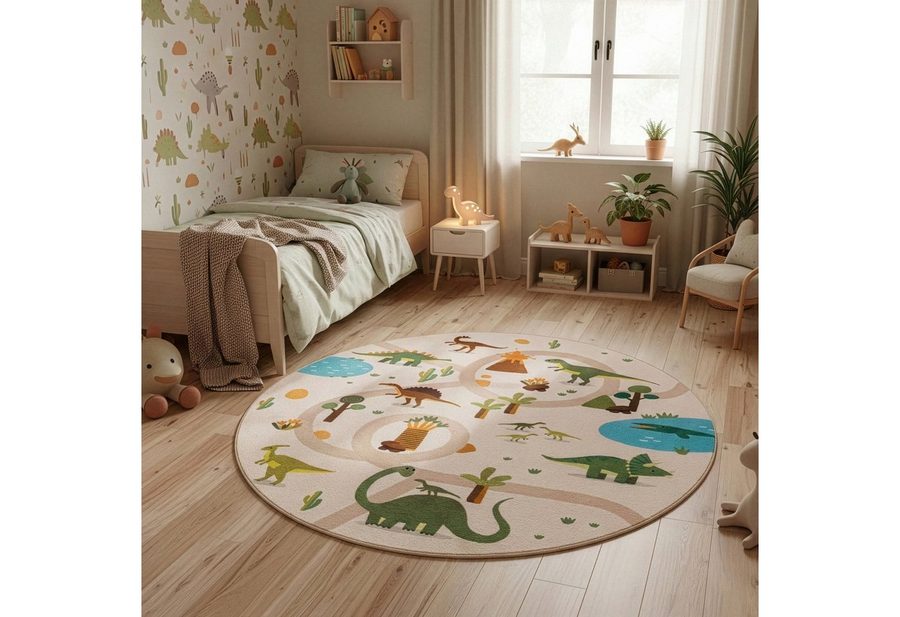 Carpettex Kinderteppich Bunte Dino Welt, Rund, Höhe: 8 mm von Carpettex