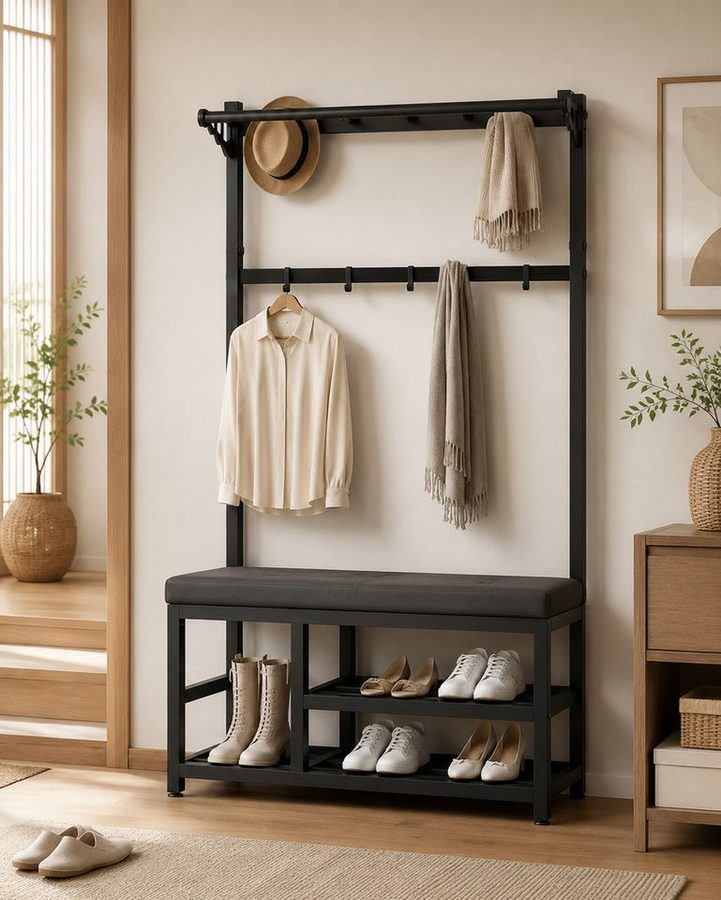 Fyrove Garderobenständer Garderobe Flur mit Schuhregal, Sitzbank und 9 Haken für Kleidung, (Schuhregal,Garderobe), flurgarderobe, garderobe flur
