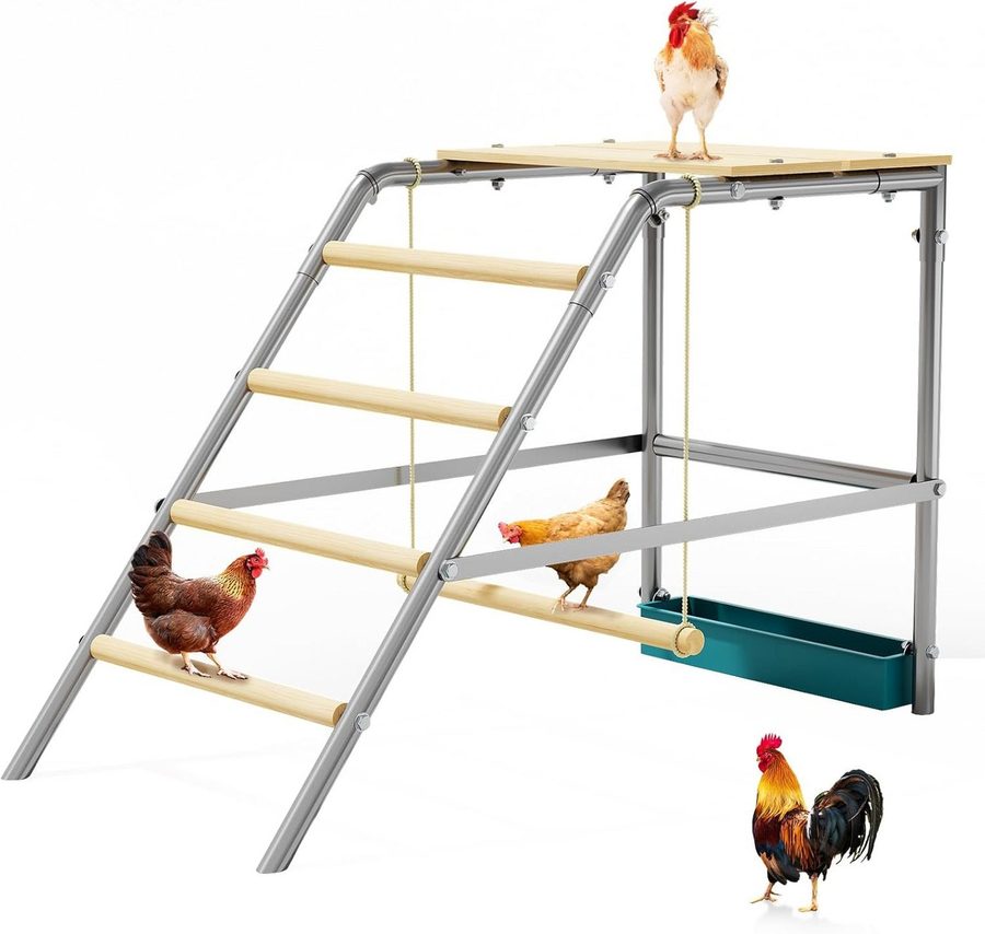 GarveeMore Hühnerstall Hühnersitzstange,Hühnerstall Sitzleiter mit Schaukel und Futterbox, Spielplatz für Hühner für 4-6 Hühner 95 x 48 x 71 cm