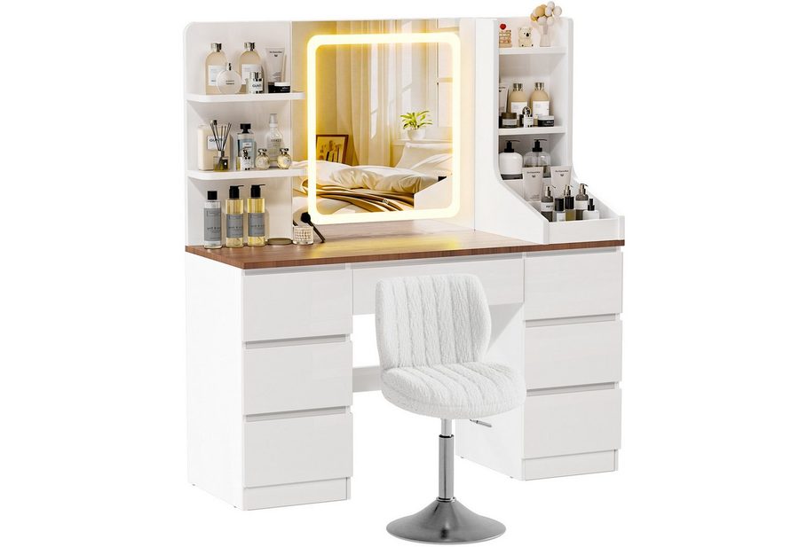 HOMALL Schminktisch LED-Spiegel, 7 Schubladen, 110 cm breit, Aufbewahrungshocker optional (Schminktisch mit dimmbarem LED-Spiegel (3 Farben), 7 Schubladen + 8 Fächer, 110×40×139 cm – 5 Farben (Schwarz/Rosa/Vintage/Weiß/Weiß Hochglanz), Hocker opt., E1-Platte), 110*40*139CM B/H/T von HOMALL