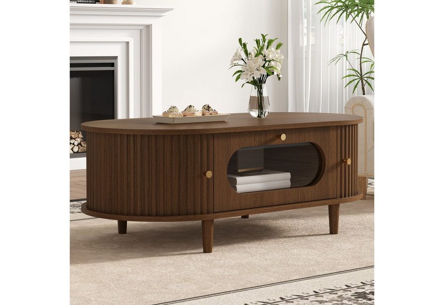 Merax Couchtisch in Holzoptik, Sofatisch Beistelltisch Kaffeetisch (1-St), Wohnzimmertisch mit Schublade, 2 Rolltüren & Stauraum, 100x50x36cm von Merax