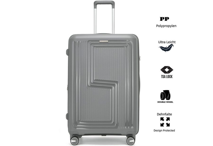 Super Solu Hartschalen-Trolley Koffer Reisekoffer PP-Polypropylen, Erweiterbarer Hartschalenkoffer, 4 Rollen, 20 Zoll Handgepäck, Grau, leicht & robust, TSA-Zahlenschloss von Super Solu