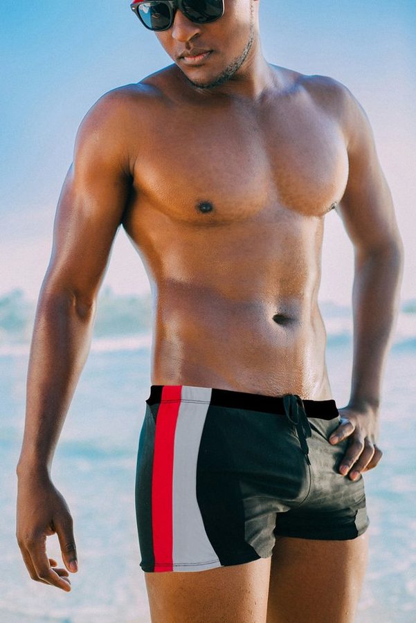 Luvanni Badehose Badehose Herren kurz eng anliegend Badeshorts Boxer Badehose kurze Hose gestreift Streifen blau rot schwarz grau Streifenmuster