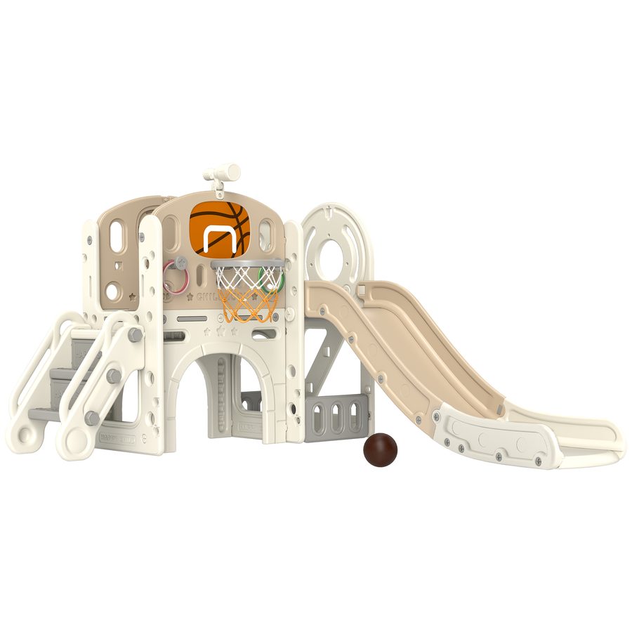 AIYAPLAY Kinderrutsche, 7-in-1, Kleinkinderrutsche mit Basketballkorb, Klettergerüst, Teleskop, Tunnel, Plattformgang, Aufbewahrungskorb, Kinder Spielplatz für 1 bis 6 Jahre Kinder   Aosom