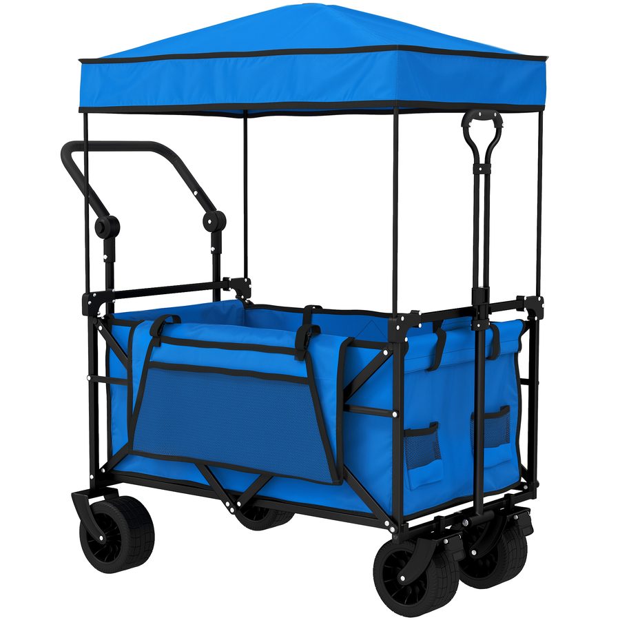 Outsunny Strandwagen mit großen Rädern und Bremse, abnehmbares Verdeck, klappbarer Gartenwagen mit verstellbarer Stange, Getränkehalter und Taschen, Traglast 100 kg, geländegängig, Camping, Einkäufe, Blau   Aosom