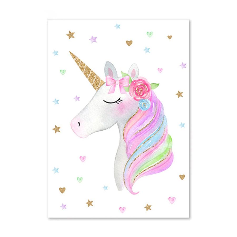 TPFLiving Poster Leinwand / Einhorn, Regenbogen, Sterne, Herz - Für Kinderzimmer - / Verschiedene Größen - OHNE Rahmen - Modell B - 50x70cm