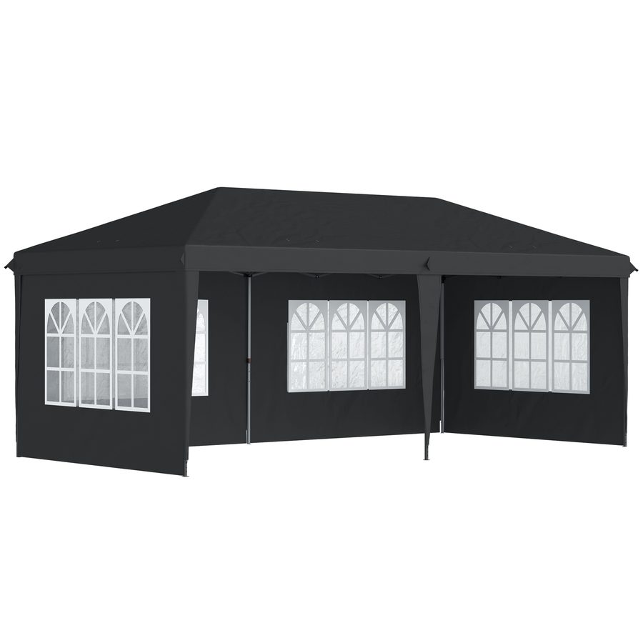 Outsunny Pavillon ca. 3x6m Wasserdicht Pop-up Faltpavillon mit 4 Seitenwänden, Fenster, Partyzelt mit UV-Schutz, Oxford Gartenpavillon inkl. Tragetasche Gartenzelt für Balkon, Terrasse, Schwarz   Aosom