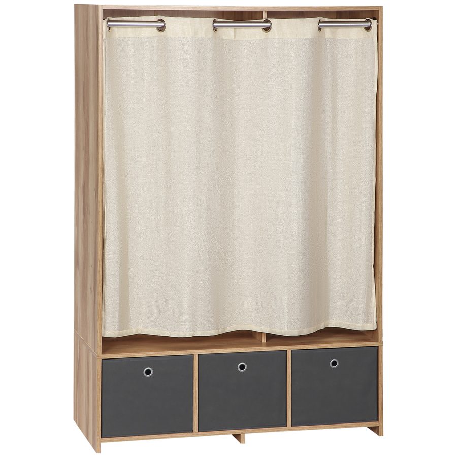 HOMCOM Kleiderschrank, Ankleidezimmer mit Vorhang, Schlafzimmerschrank, Kleiderschrank mit Stange, 3 Fächern und 3 herausnehmbaren Stoffschubladen - 105 x 48 x 160 cm, Naturholz   Aosom